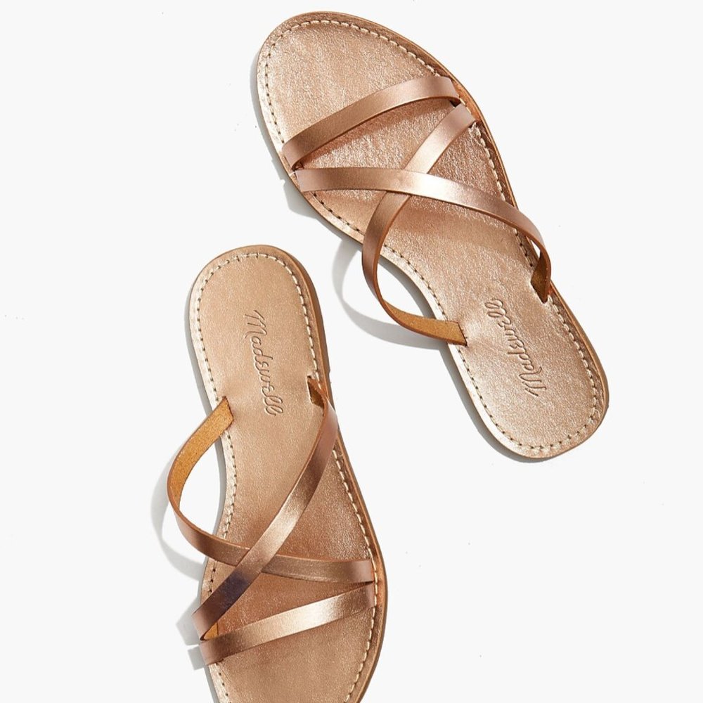 The Boardwalk Skinny-Strap Slide Sandal in Metallic - Size 8 - Rose Gold